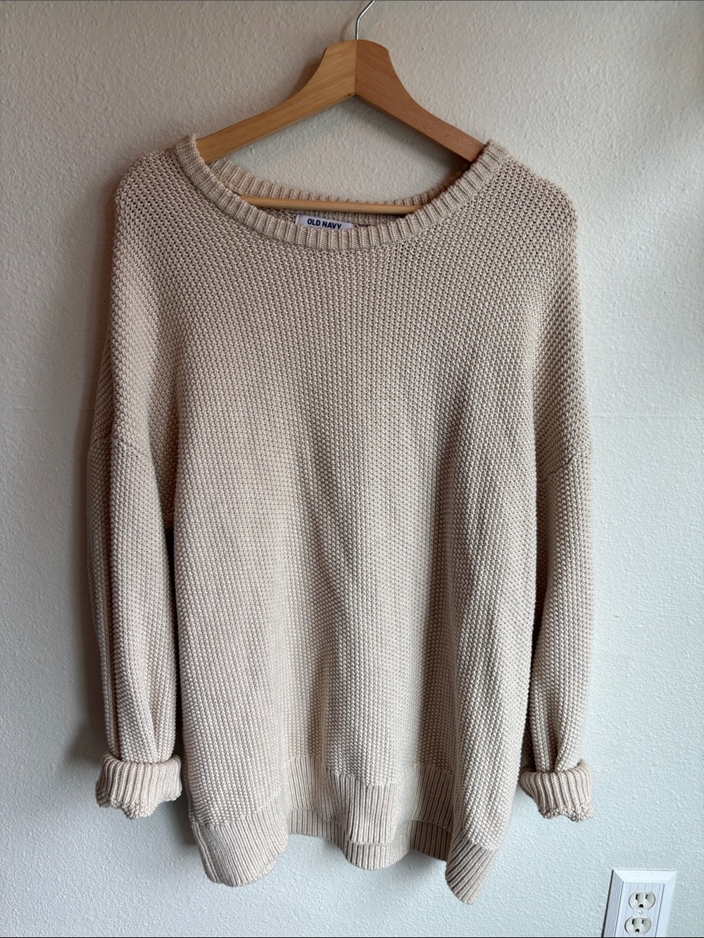 Old Navy Cream Crewneck Sweater Relaxed Shaker Knit Cotton Large Tall